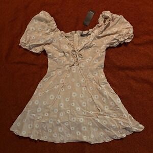 Nasty Gal Daisy Lace Up Puff Sleeve Mini Dress Sand Beige Size US 8